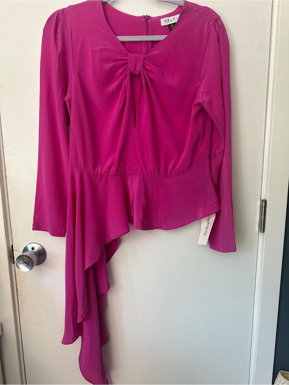 Delfi Collective 100% Silk Fuchsia Blouse Medium Asymmetrical Tie Front Ruffle